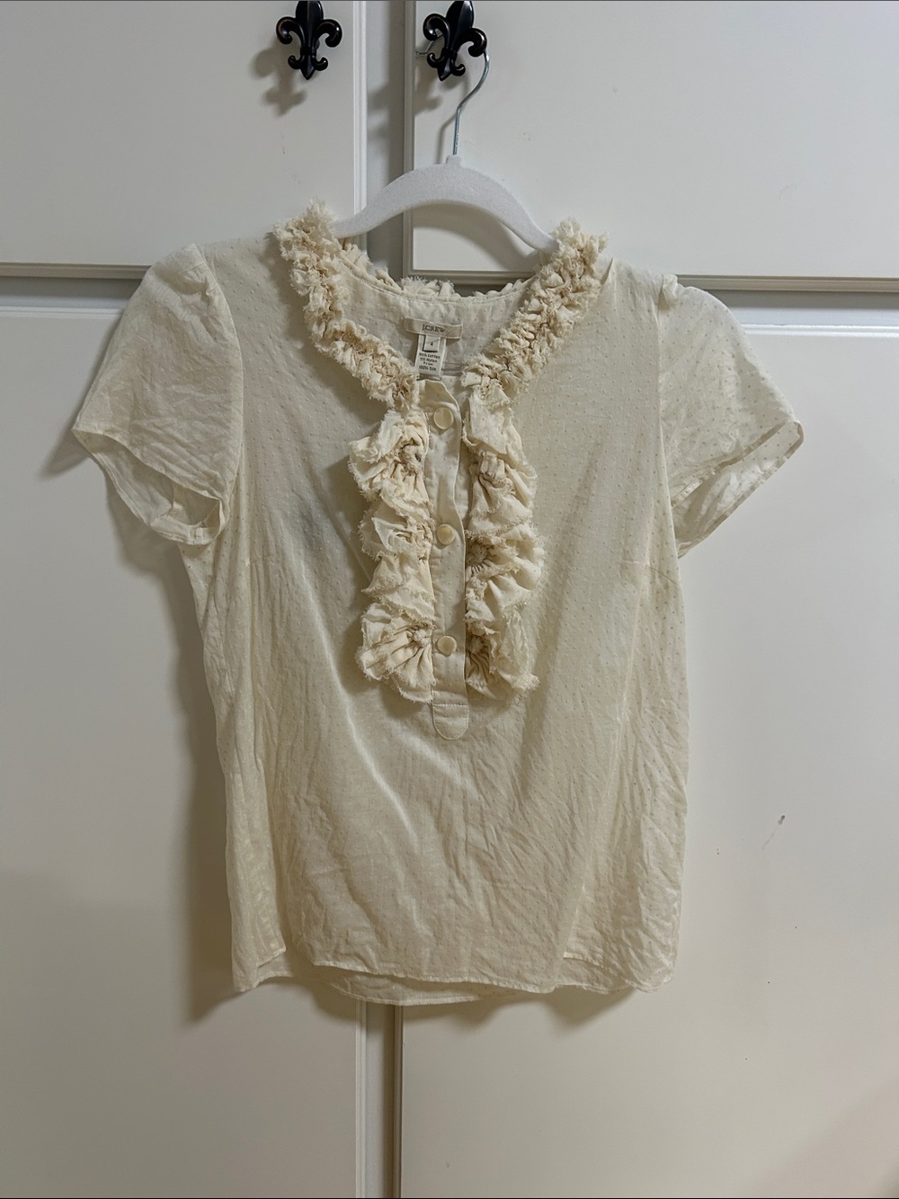 Vintage J. Crew Cream Polka Dots Cotton Ruffle-Front Short Sleeve Blouse